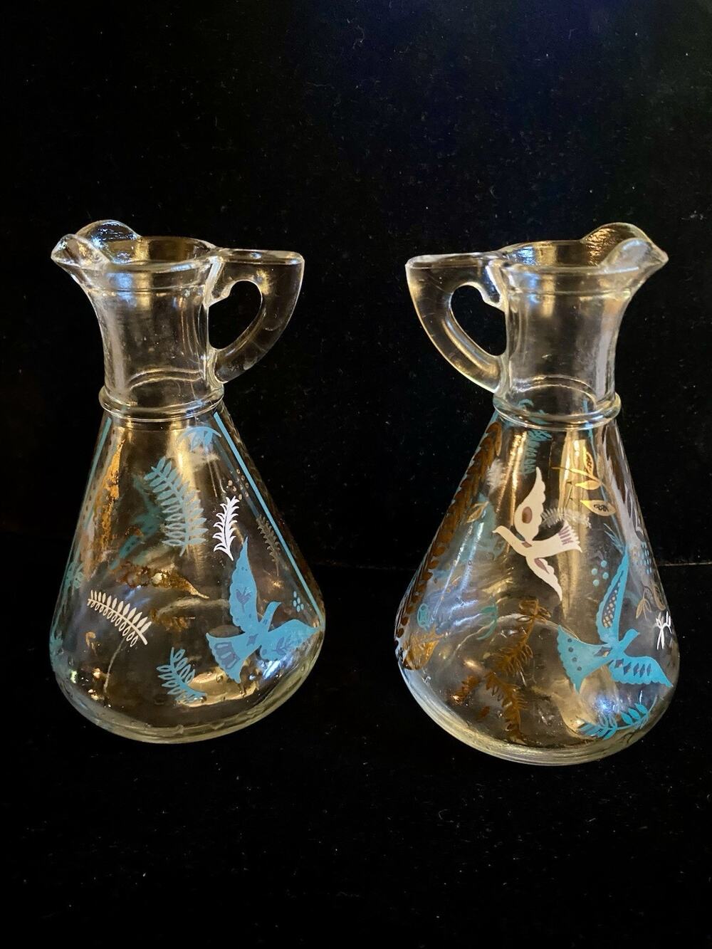 Vintage Cruet MCM SIGNED Georges Briard Turquoise Gold Bird Of Paradise Lot Of 2